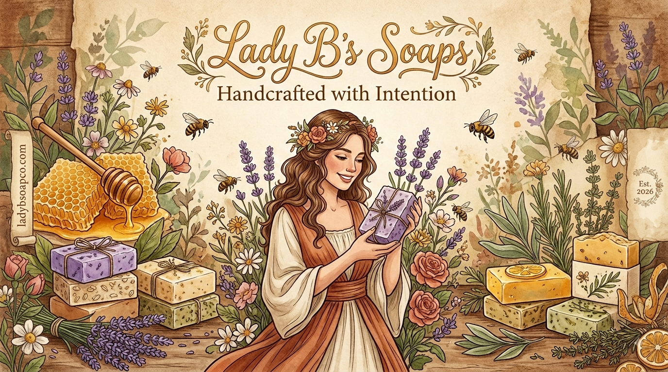 Lady B's Soap Co. logo — bohemian woman with wildflowers and bees