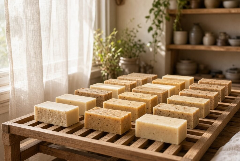 Hand-cut soap bars curing on a wooden rack