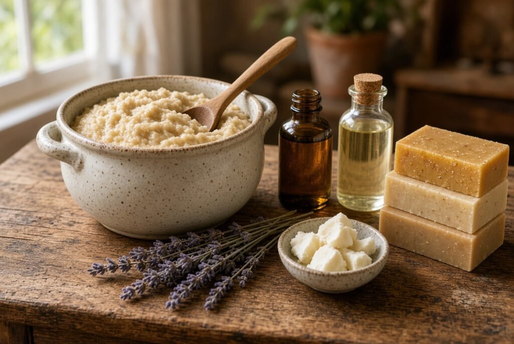 Hot-process soap batter in a kettle with a wooden spoon, oils and finished bars nearby