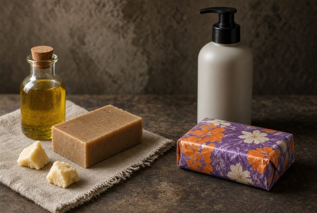 Handmade soap bar next to a bottle of commercial body wash