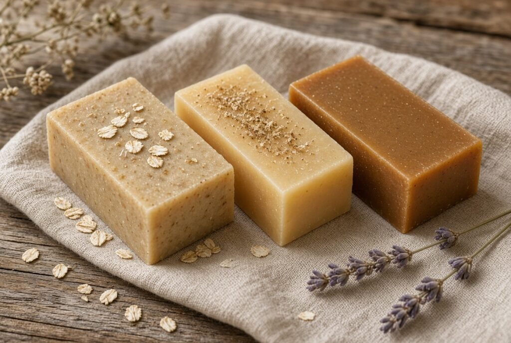 Three handmade soap bars - oatmeal, honey, and amber - resting on linen